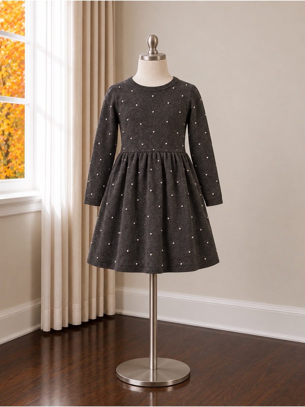 H&M Charcoal Gray Knit Dress with White Polka Dots